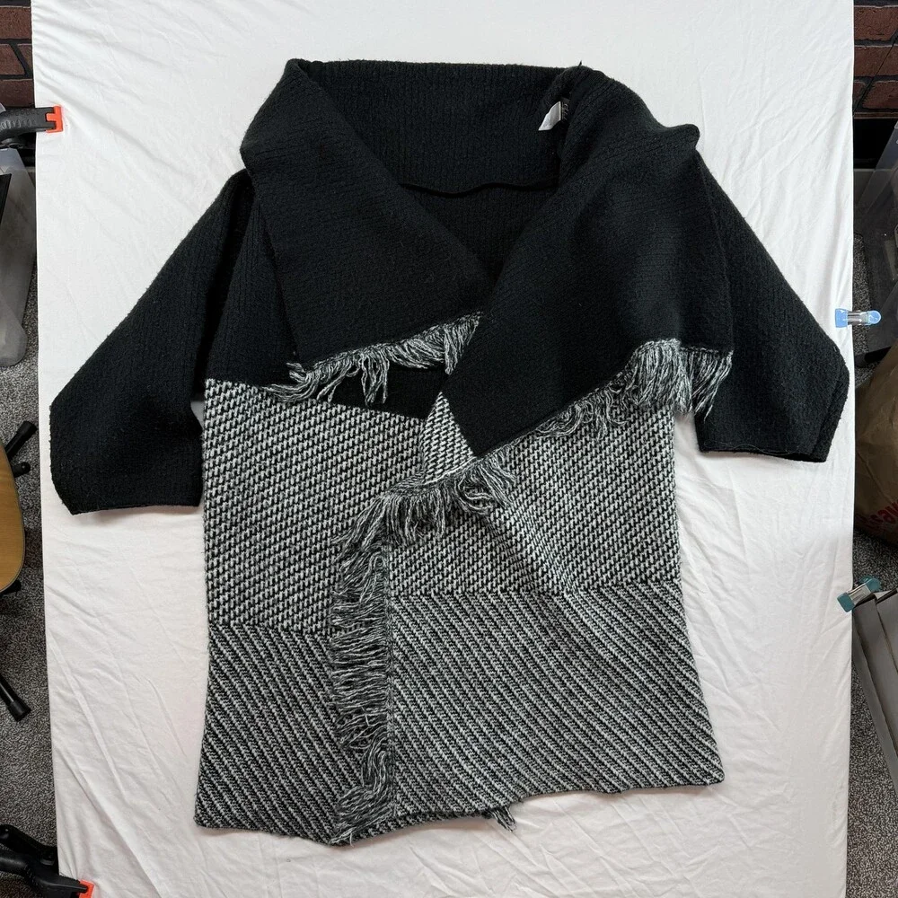 GILI Sweater Womens XXS-S Black Gray Cowl Neck Fringe Tunic Poncho Top Knit